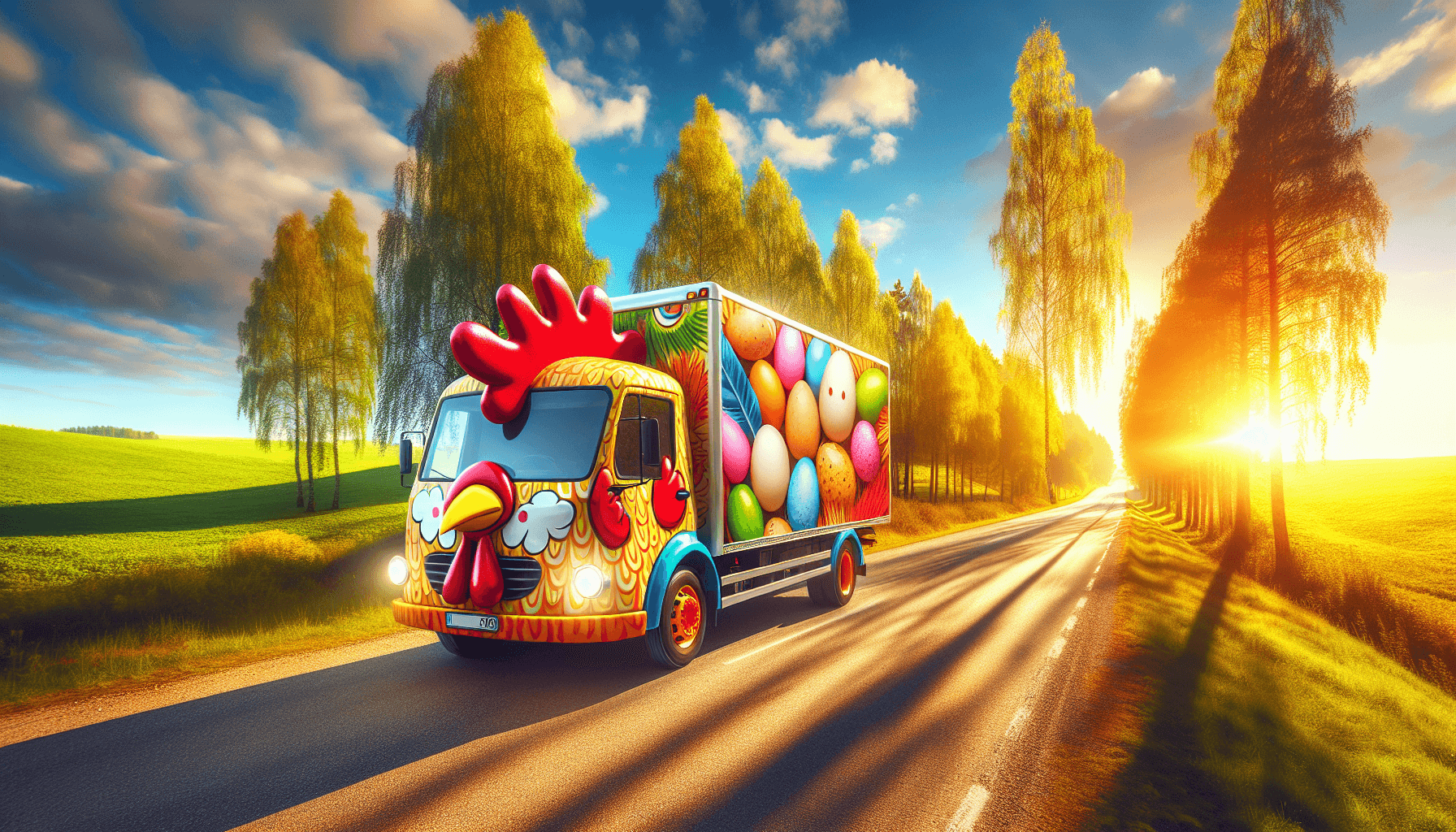 Camión de entrega con temática de gallina en una carretera soleada