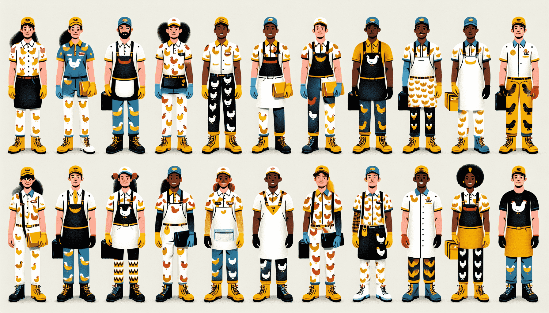 Equipo de profesionales de entrega con uniformes temáticos de gallina