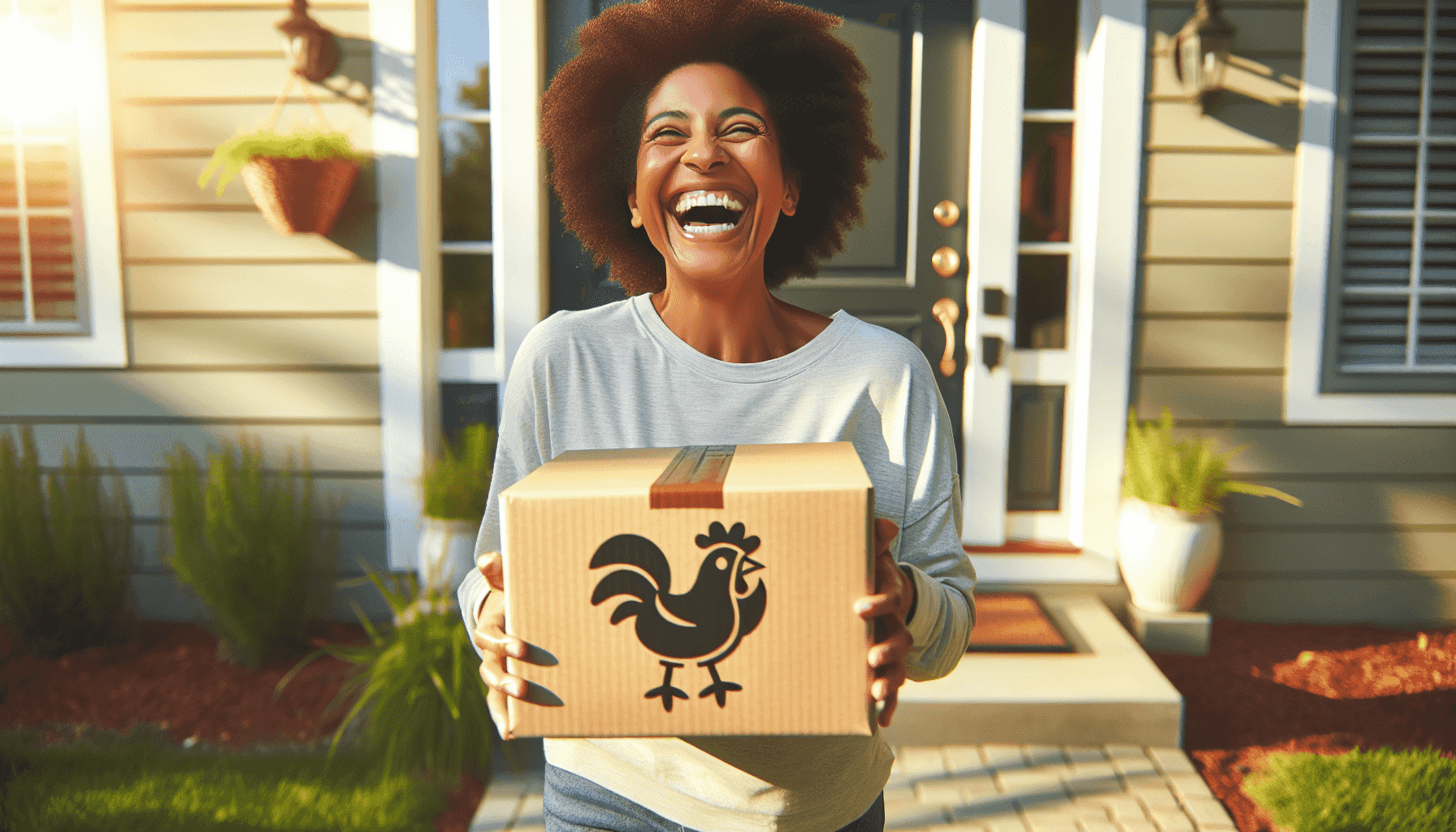 Cliente feliz recibiendo un paquete con logo de gallina