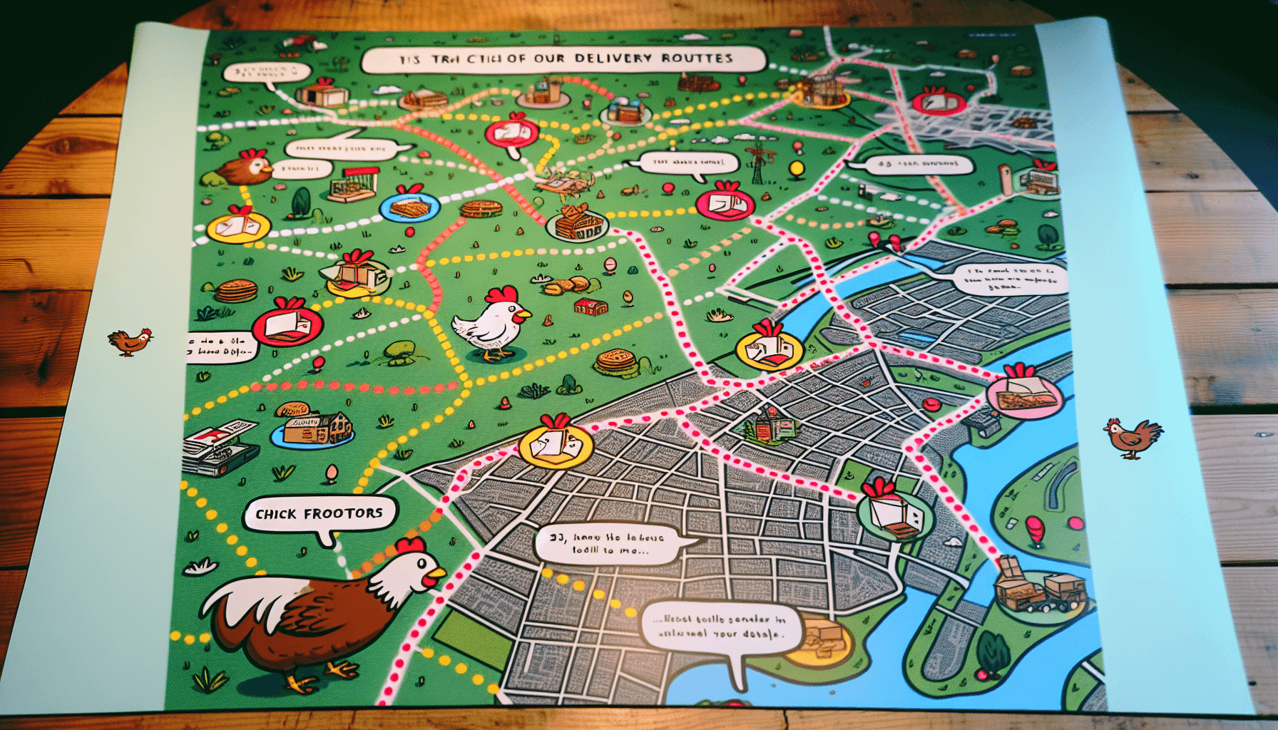 Mapa con huellas de gallina mostrando rutas de entrega